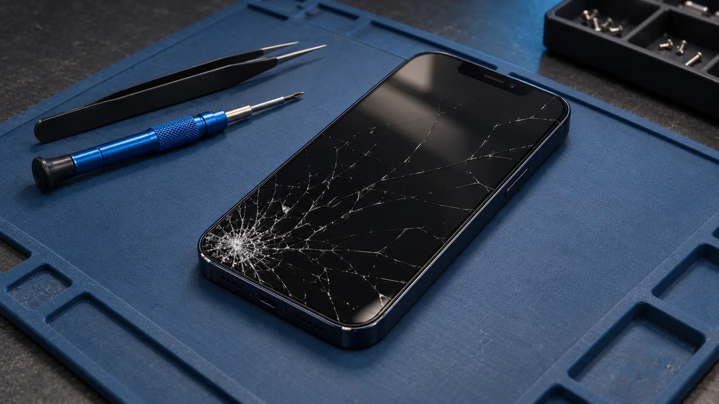 Smartphone mit gesprungenem Display auf der Werkstattmatte